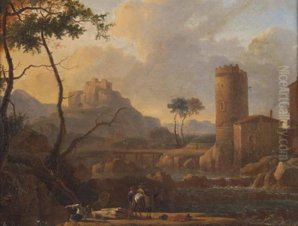 Paesaggio Fluviale Con Figure Oil Painting by Jan Van Huysum