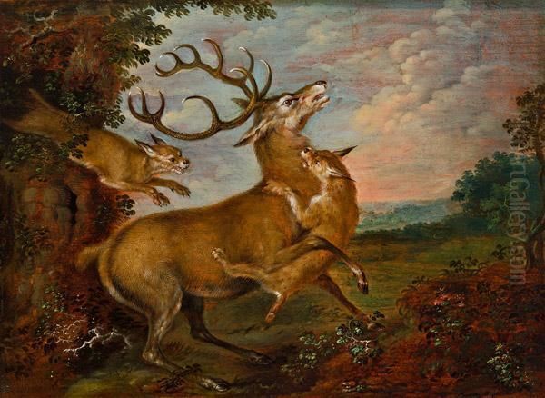 Hirsch Von Luchsen Angefallen Oil Painting by Jan van Kessel