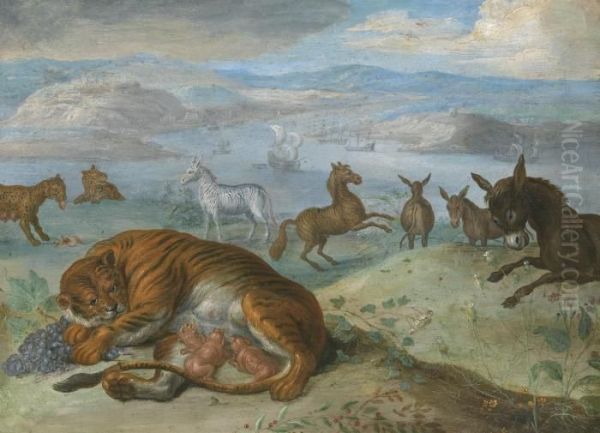 Bears, Horses And Antelope In A Landscape Oil Painting by Jan van Kessel