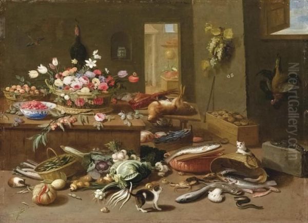 I A Basket Of Flowers And Bowl Of Strawberries On A Wooden Table Oil Painting by Jan van Kessel