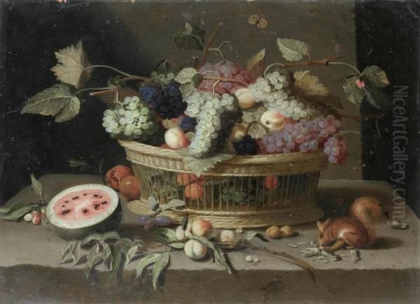 A Basket Of Grapes, Plums And 
Peaches, With A Melon And A Squirrel Eating Nuts On A Stone Ledge; And A Oil Painting by Jan van Kessel