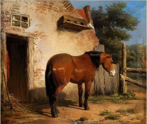 Braunes Pferd Vor Einem Stallgebaude Oil Painting by Jean Louis van Kuyck