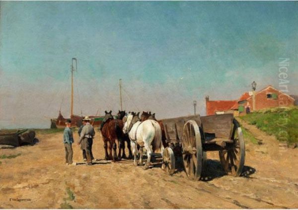 Pferdegespann Mit Lastkarren Auf Einer Sandigen Uferstrasse Oil Painting by Frans Van Leemputten