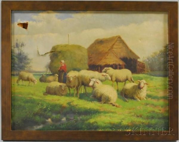 Shepherdess With Her Flock Oil Painting by Jef Louis Van Leemputten