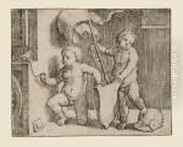 Due Putti Nudi Sorreggono Uno Scudo Oil Painting by Lucas Van Leyden