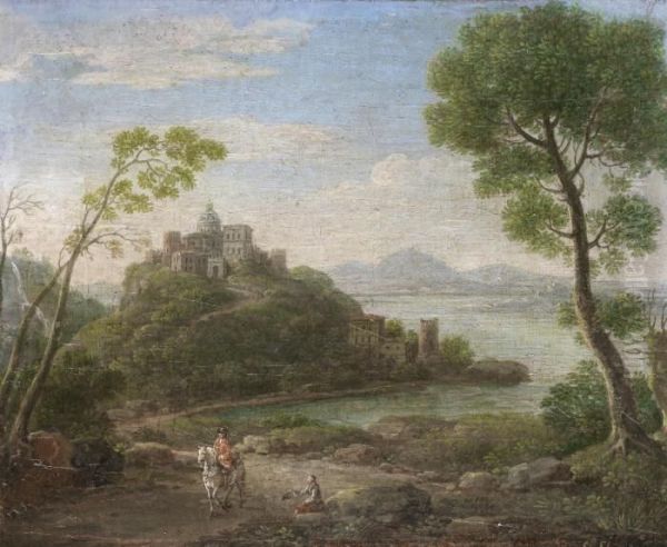 A Traveller And A Beggar In An Open Landscape, With A Walled City In The Distance; Oil Painting by Hendrik Frans Van Lint