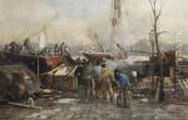 Figures On An Quay In The Harbour Of Rotterdam Oil Painting by Johann Hendrik Van Mastenbroek