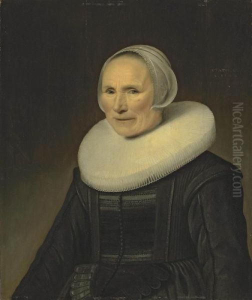 Portrait Of An Old Woman, Half-length, In A Black Dress, A Ruff And A Lace Headdress Oil Painting by Michiel Jansz. Van Miereveldt