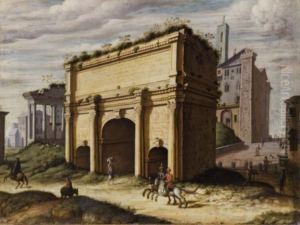 Veduta Dell'arco Di Settimio 
Severo E Del Clivo Capitolino Con Cavalieri In Abiti Orientali Oil Painting by Willem van, the Younger Nieulandt