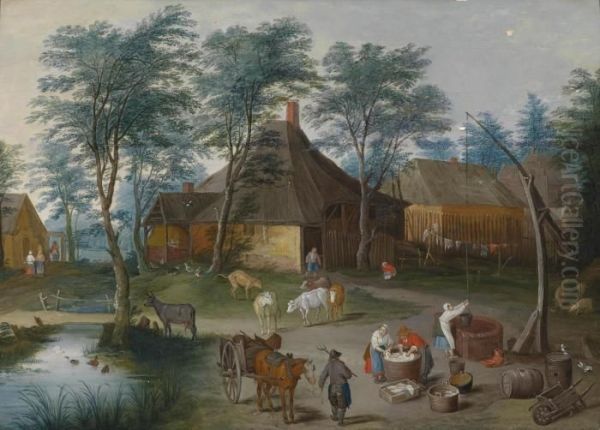 A Village Road With Peasants Oil Painting by Isaak van Oosten