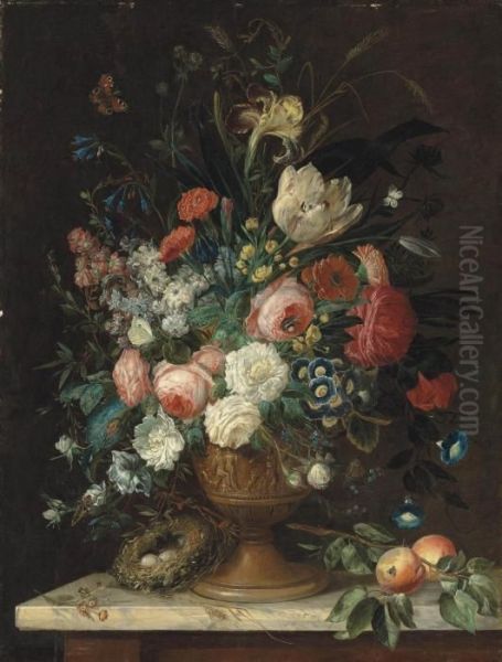 Roses, Tulips, Carnations, 
Morning Glories, Irises And Other Flowers In A Relief Vase, A Bird's 
Nest With Eggs And Peaches On A Marble Topped Table, With A Peacock 
Butterfly, A Brimstone, A Bumble-bee And Other Insects Oil Painting by Jan van Os