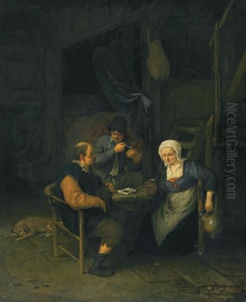 An Interior With Two Boors And A Woman Conversing, Smoking And Drinking At A Table Oil Painting by Adriaen Jansz. Van Ostade