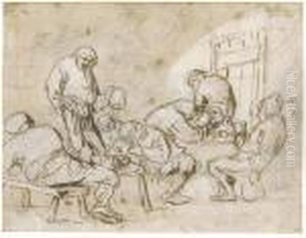 Eight Peasants In An Inn Oil Painting by Adriaen Jansz. Van Ostade