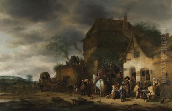 Travellers Halted At A Country Inn Oil Painting by Adriaen Jansz. Van Ostade