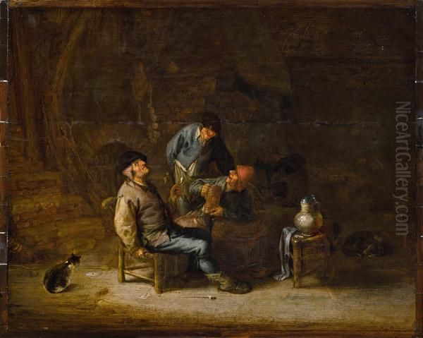 Drei Bauern In Einem Wirtshaus Mit Hund Und Katze Oil Painting by Adriaen Jansz. Van Ostade