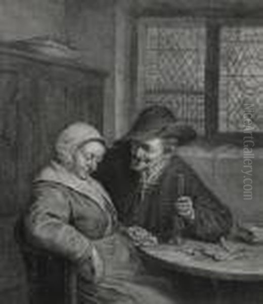 Man And Woman Seated At A Table Oil Painting by Adriaen Jansz. Van Ostade