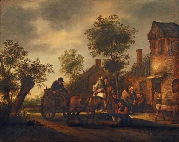 Fuhrwerk Und Reiter Vor Einem Haus Oil Painting by Isaack Jansz. van Ostade