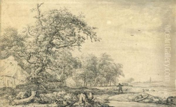 A Shepherd And His Flock Approaching Farm Buildings Among Trees Oil Painting by Jacob Van Ruisdael