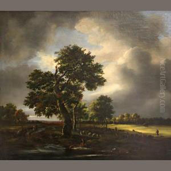 Shepherds With Their Flock In A Landscape Oil Painting by Jacob Van Ruisdael