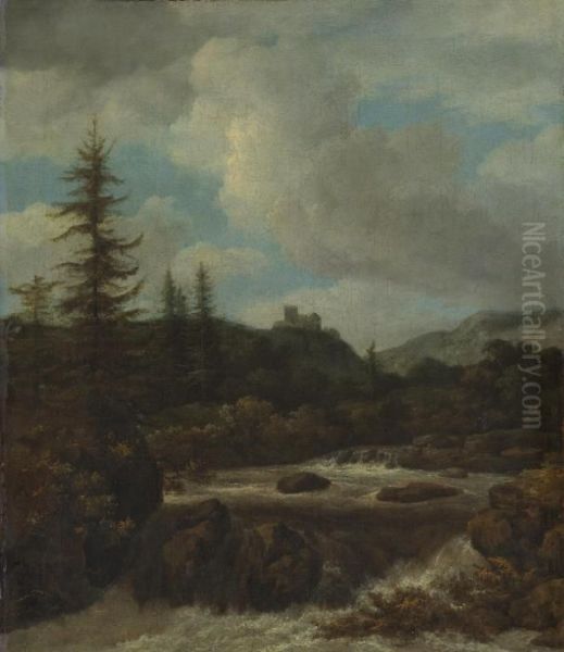 Landscape With A Waterfall Near A Castle Oil Painting by Jacob Van Ruisdael