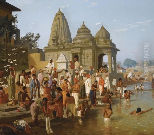 Worshipers At The Trimbakeshwar Temple In The Town Of Trimbak Oil Painting by Horace Van Ruith