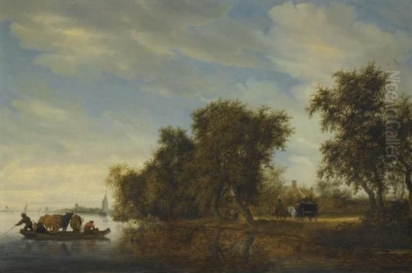 A River Landscape With A Ferry Boat Oil Painting by Salomon van Ruysdael