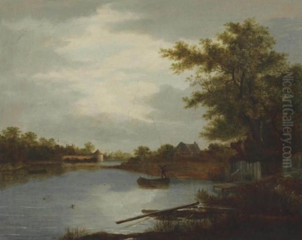 A River Landscape With A Man Steering A Boat, A Windmill Beyond Oil Painting by Salomon van Ruysdael