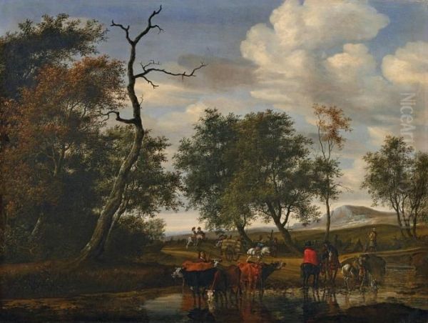 Kuhe An Der Tranke (raubzug) Oil Painting by Salomon van Ruysdael