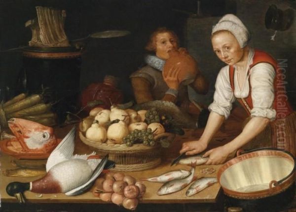 A Large Kitchen Still Life With A Maid And A Gentleman Oil Painting by Pieter Cornelisz. Van Ryck