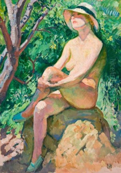 Nude With Crossed Legs In A Panama Hat Oil Painting by Theo van Rysselberghe