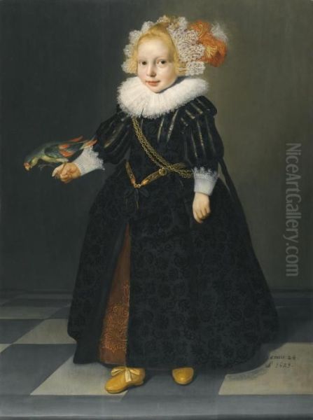 Portrait Of A Child, Aged 2Â¼, Full-length Standing In An Interior, Holding A Parrot Oil Painting by Dirck Verhaert