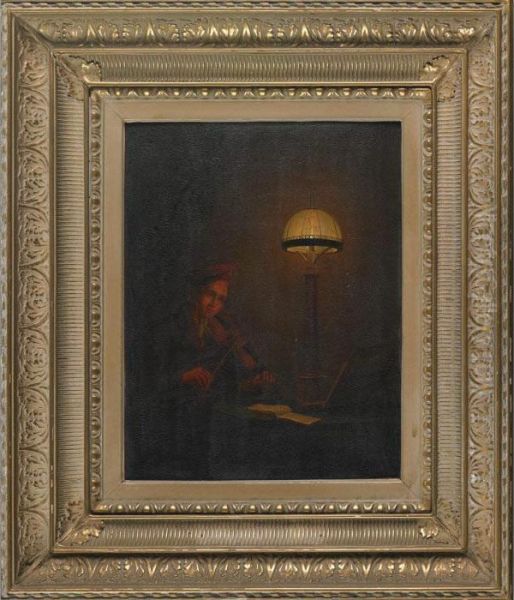 Playing Violin By Lamplight Oil Painting by Godfried Schalcken