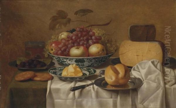 Pommes, Raisins, Mures, Fromages, Beurre Et Pain Dans Des Plats Oil Painting by Floris Gerritsz. van Schooten