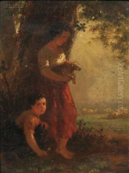 Children With A Lamb Oil Painting by Henri van Seben