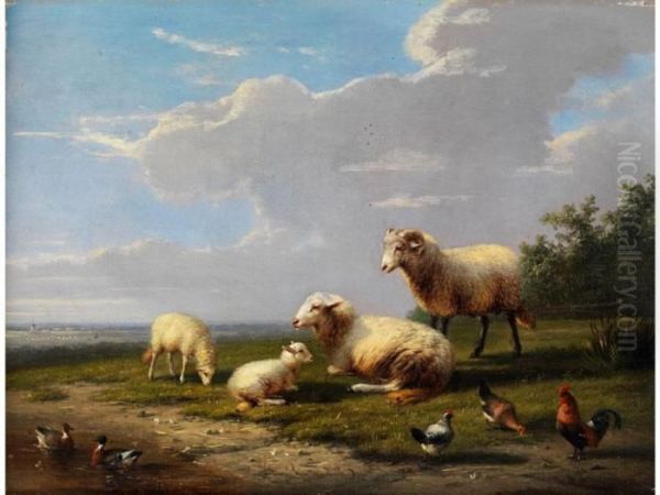 Weite Fruhlingslandschaft Mit Schaffamilie Sowie Huhnern Und Enten Oil Painting by Franz van Severdonck