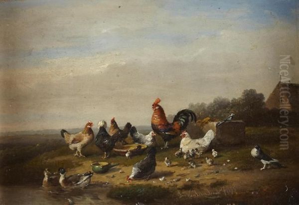 Poultry On A Riverbank Oil Painting by Franz van Severdonck