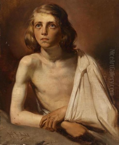 Portrait Of A Boy With White Shirt Over Shoulder Oil Painting by Joseph Van Severdonck