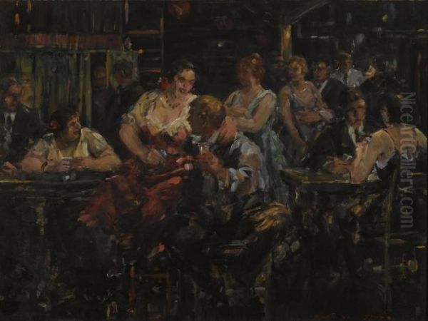 A Boisterous Bar Oil Painting by Frank J. Van Sloun