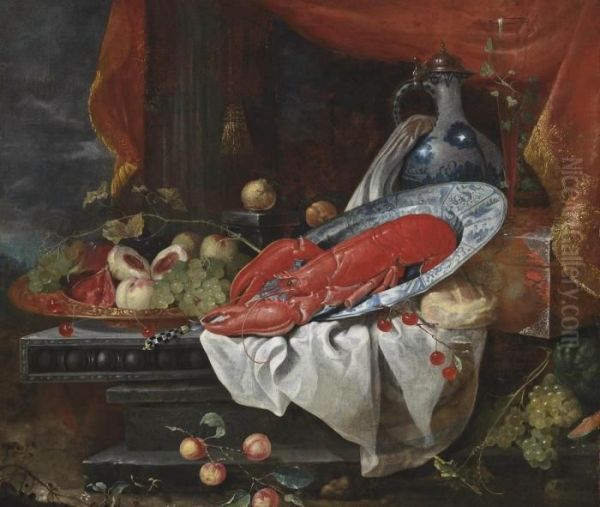 Peaches, Plums And Grapes In A 
Gilt Charger, A Lobster On A Porcelain Plate, A Porcelain Jug, A Facon 
De Venise Glass, Cherries, A Loaf Of Bread And Lemons On A Partly-draped
 Ledge, A Landscape Beyond Oil Painting by Joris Van Son