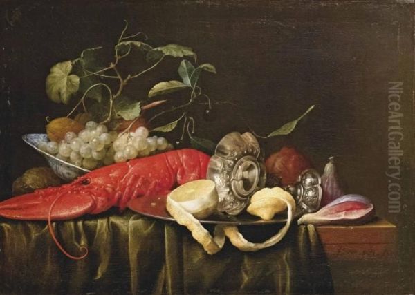 A Lobster, Grapes And Walnuts In A Porcelain Bowl Oil Painting by Joris Van Son