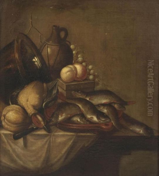 Various Fruits, Copperware, A 
Pitcher, A Duck And Fish On A Stoneware Platter, All On A Partially 
Draped Table Oil Painting by Harmen van Steenwyck