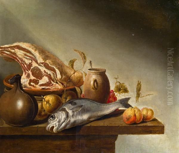 Stillleben Mit Fisch, Schinken, Obst Und Steingutgefasen Oil Painting by Harmen van Steenwyck