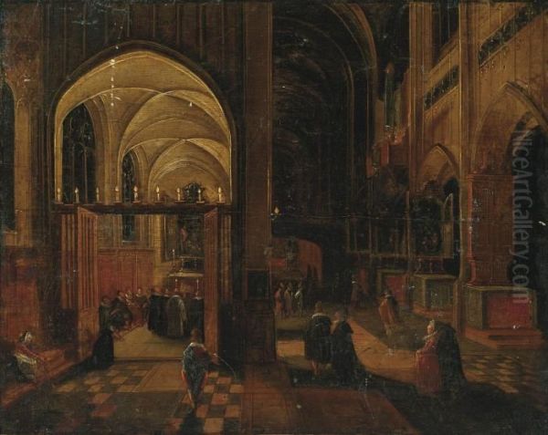 A Gothic Church Interior With Mass Being Celebrated In A Side Chapel Oil Painting by Hendrick van, the Younger Steenwyck