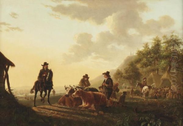 Herdsmen And Their Cattle By An Encampment Oil Painting by Jacob Van Stry