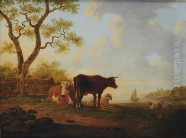 Resting Cattle On A River Bank Oil Painting by Jacob Van Stry