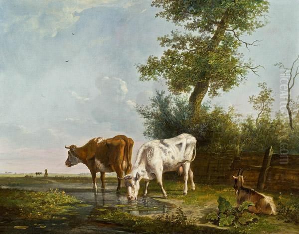 Zwei Kuhe Und Eine Ziege An Einem Gewasser Oil Painting by Jacob Van Stry