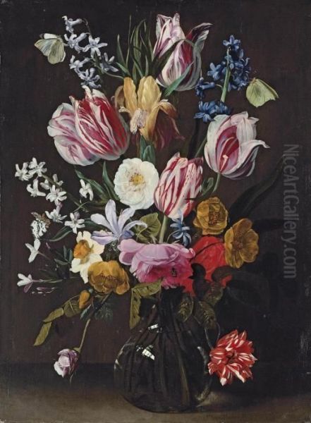 Tulips, Daffodils, Irises And Roses In A Glass Vase Oil Painting by Jan Philip van Thielen