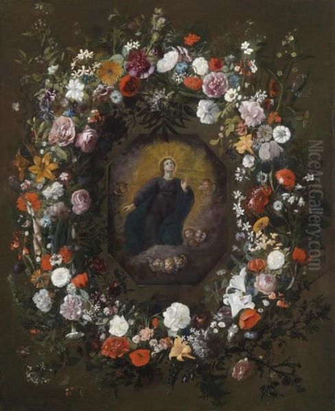 A Floral Garland Surrounding A Cartouche With A Madonna Oil Painting by Jan Philip van Thielen