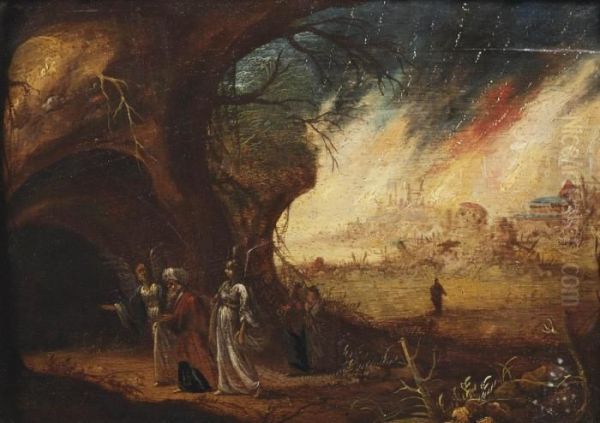 Lot And His Daughters Fleeing Sodom Oil Painting by Rombout Van Troyen