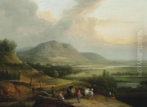 An Extensive Mountainous Landscape With Drovers And Their Herd On A Track Oil Painting by Lucas Van Uden